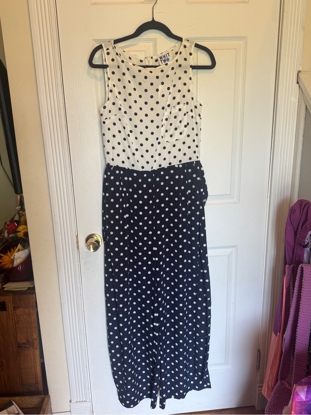NWT Anthropologie Polka Dot Two-Tone Wide Leg Jumpsuit - Navy & White